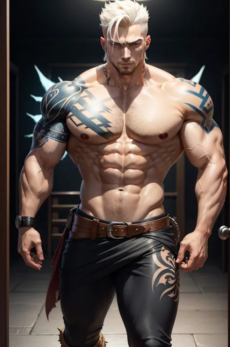 a close up of a man with a tattoo on his chest, handsome guy in demon slayer art, muscular!!, anime character; full body art, male anime character, muscular!! sci-fi, as an anime character, handsome japanese demon boy, muscular! fantasy, as a titan, tall a...