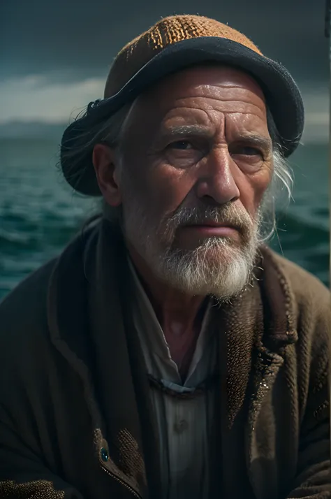 a portrait of an old man andalusian whale fisherman!!!!!! in the ocean, oil painting by johannes vermeer and edward hopper – n 4...