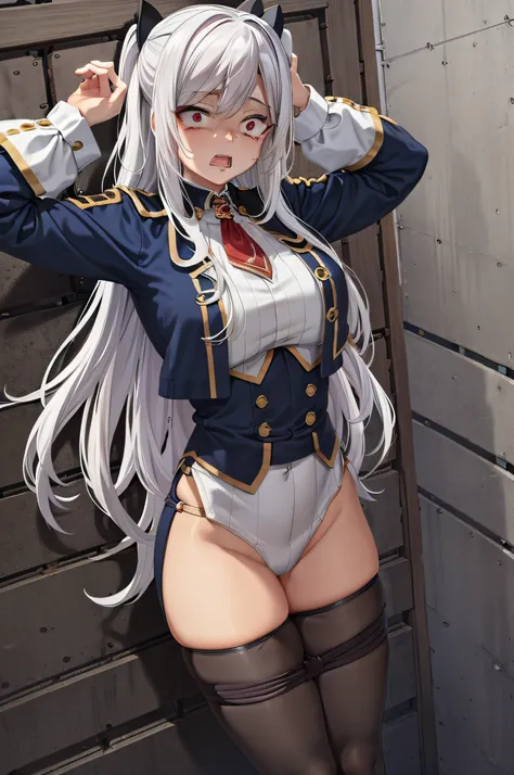 tied up,bondage,scared expression,white hair,red eyes