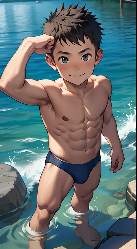 (masutepiece, Best Quality),1boy,(younge boy,child-faced,Boys face),a baby face,infancy,sideface,Boy Grabbing Swimsuit in the Sea,infancy,young age,short round face,Flat chin,finely detaild face,well-muscled，short-hair,radiant eyes,opens his eyes wide,with...