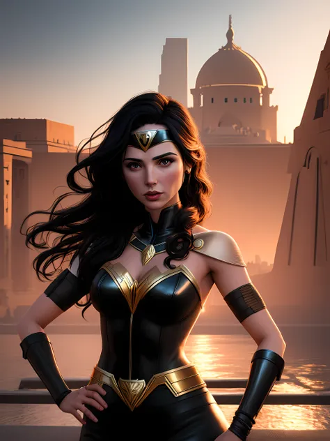 Retrato realista de [Gal gadot: 0,5], tarde de por do sol, cidade do cairo, Arte centralizada, 3D, vetor, respingos de cores vivas, detalhes intrincados, edge vinheta, Greg Rutkowski,