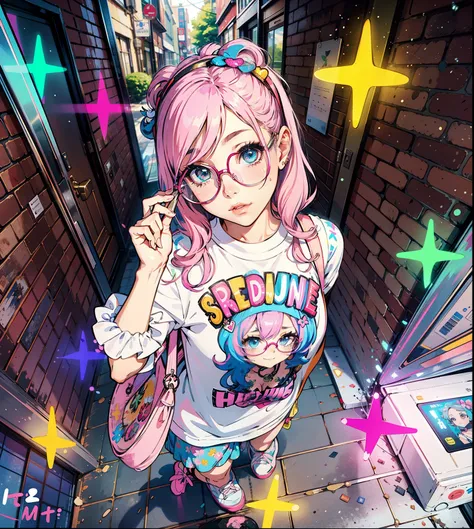 There is a woman with pink hair and glasses holding a mobile phone, kawaii decora rainbowcore, Belle Delphine, 🪔 🎨;🌞🌄, decora inspired, 🚿🗝📝, e-Girl, e - girl, Colorful!!, simmetry!!, harajuku hair, ❤🔥🍄🌪