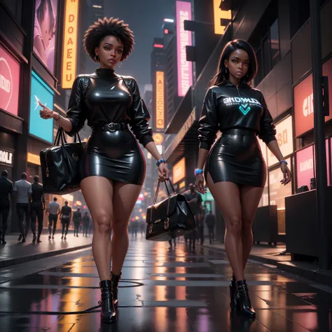 A beautiful black girl holding a diamond designed handbag, walking on a street full of neon designed billboards, photorealistic image, 8k, ultra HD, unreal engine rendered, cinematic lighting, artgerm style,