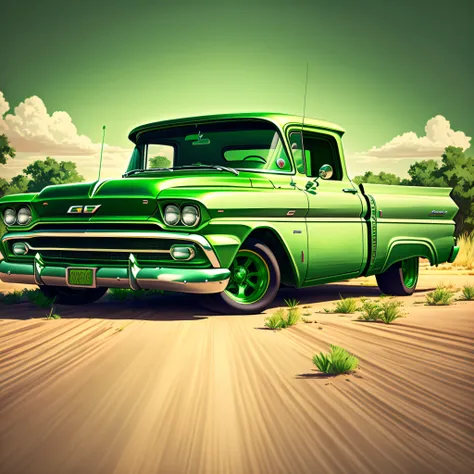 GREEN Chevrolet - C10 - 1960 official art, unity 8k wallpaper, ultra detailed, aesthetic, masterpiece, best quality, photorealistic - zoom out