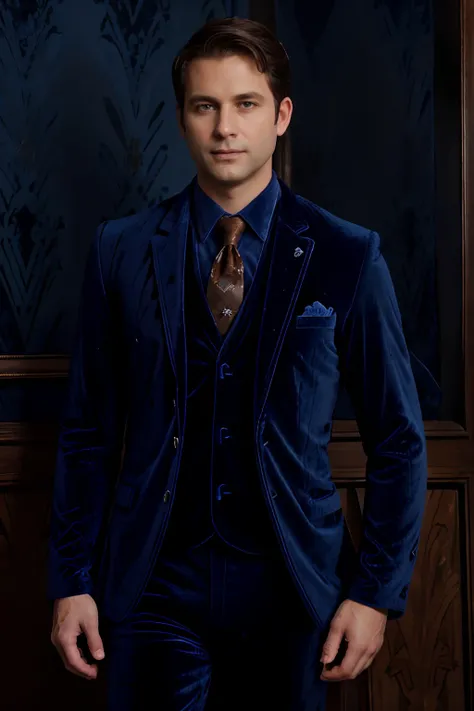 Portrait photo of a handsom man, 40 years old, short brown hair, (((bleu velvet suit:1.3))), black shirt, (((no beard:1.3))), Dark blue backgroud.