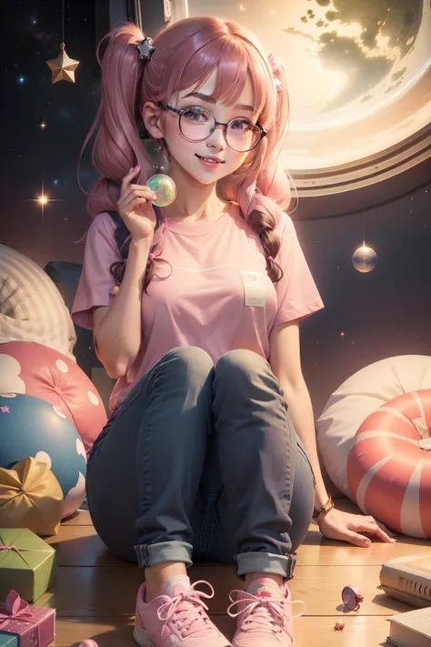 1girl, twintails, star ornament, tee, jeans, round glasses, school uniform, in space, working shoes, moss pink, smile, have a candy with right hand