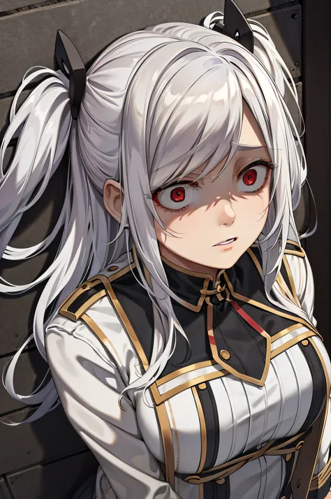 tied up,bondage,scared expression,white hair,red eyes