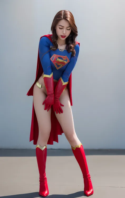 (((Make the most of the original image)))、(((Supergirl Costume)))、(((Hung)))、(((Eyes closed、s asleep)))、((bras、weak legs))、(((Facing down、Depressed)))、((Get))、((Suffering))、((Doll condition))、((Suffering))、(((Wear red gloves)))、(((lustrous dark hair)))