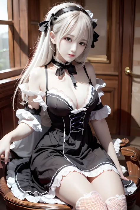 ​masterpiece、top-quality、hight resolution、extremely detailed photo、profetional lighting、A sexy maid、doress、Lori in a dress、gorgeous maid、maid clothes、maid dress、Maid in uniform、Girl in maid clothes、white  hair、Black ruffled dress