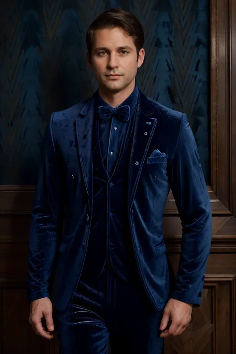 Portrait photo of a handsom man, (((40 years old))), short brown hair, (((bleu velvet suit:1.3))), ((black shirt)), (((no beard:1.3))), Dark blue backgroud.