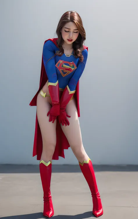 (((Make the most of the original image)))、(((Supergirl Costume)))、(((Hung)))、(((Eyes closed、s asleep)))、((bras、weak legs))、(((Facing down、Depressed)))、((Get))、((Suffering))、((Doll condition))、((Suffering))、(((Wear red gloves)))、(((lustrous dark hair)))