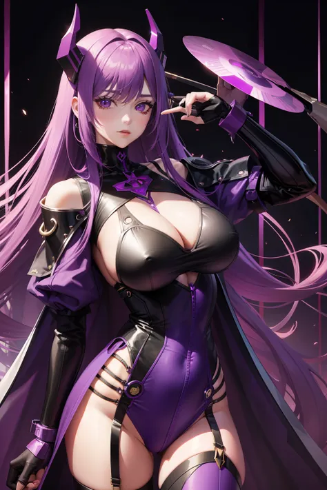 cyperpunk woman, long purple hair, revealing clothes, mechnical arm, demon, long sleeves, mask, big boobs