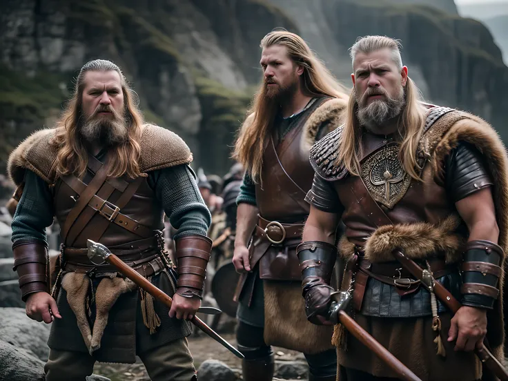 raw photo, ((mighty)), ((fierce)), ((unyielding)), a group of viking warriors, their presence commanding respect and evoking awe...