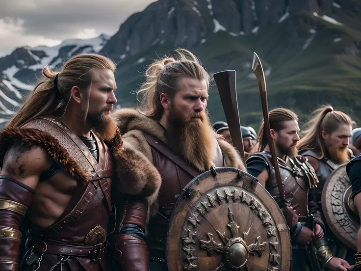 raw photo, ((mighty)), ((fierce)), ((unyielding)), a group of viking warriors, their presence commanding respect and evoking awe...