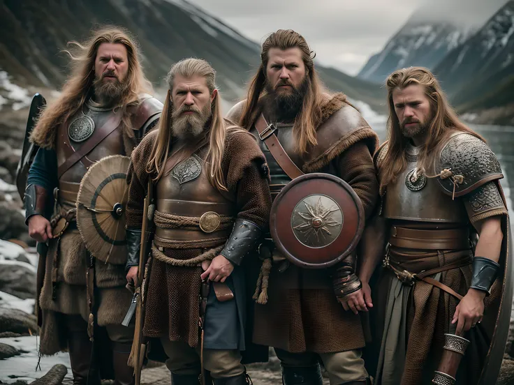 raw photo, ((mighty)), ((fierce)), ((unyielding)), a group of viking warriors, their presence commanding respect and evoking awe...