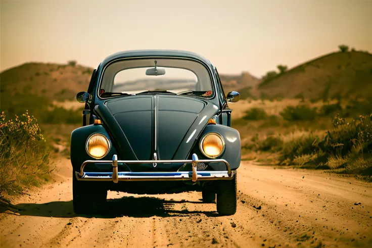 analog gloomy photo of a (dark red) Volkswagen Beetle car, ((three quarter view)), (dark sunset), driving on a dirt road, (dilapidated town), 1969, ((horror movie)), slasher film, texas chainsaw massacre, amish cult, film grain, retro,  High Detail, Sharp ...