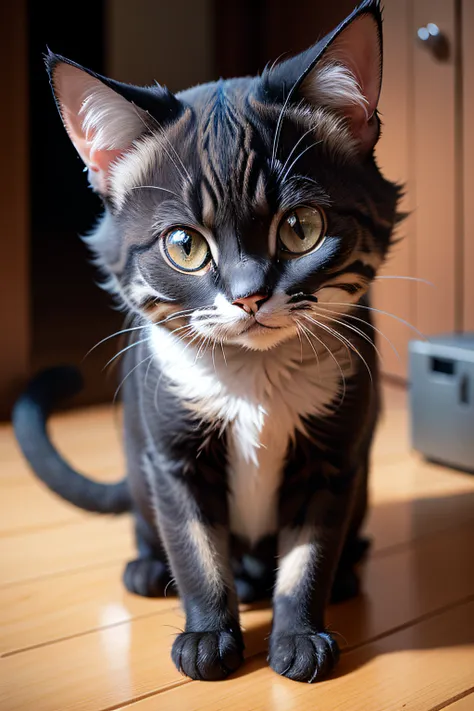 gato preto peludo, com olhos amarelhos, pequena mancha branca no peito