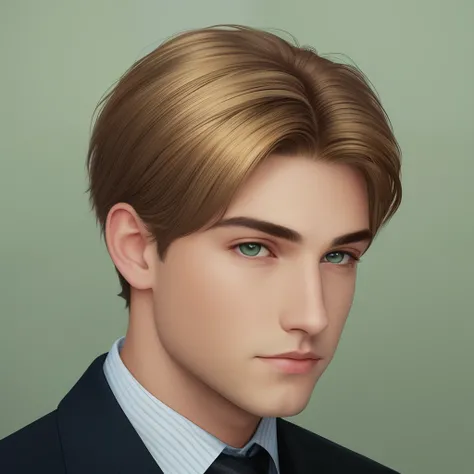 masterpiece, best quality, realistic, 1man, mature male, quiet and charming young man, 18 years old, with short-side-swept sandy blonde hair, dark green eyes, and a smirk, closed mouth, portrait, extremely detailed face, a little distant, ((dark green eyes...