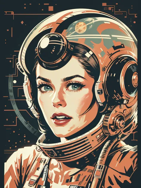 vector for t-shirt print of a female face style sci-fi movies from the 50s, style image from old movies from the 60s, image with white background, highlight for styled image of space movies from the 50s and their look