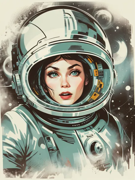 vector for t-shirt print of a female face style sci-fi movies from the 50s, style image from old movies from the 60s, image with white background, highlight for styled image of space movies from the 50s and their look