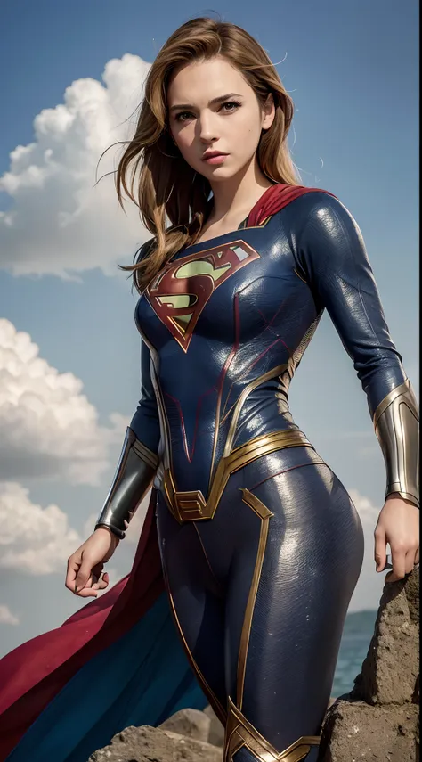 araffe woman in a superman costume standing in an overcast sky, supergirl, gal gadot como supergirl, sem texto, emma watson como...