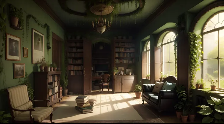 A room in the house, Books, Carpets, pillows, houseplants, Overgrown wall, ivy, ciberpunk