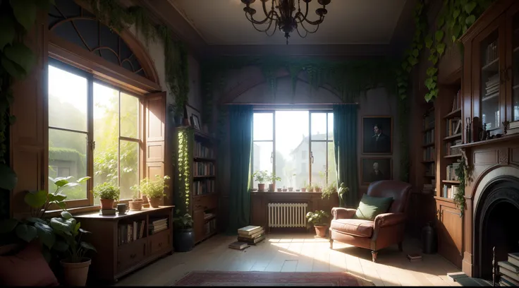 A room in the house, Books, Carpets, pillows, houseplants, Overgrown wall, ivy, ciberpunk