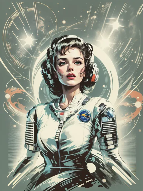 vector for t-shirt print of a female face style sci-fi movies from the 50s, style image from old movies from the 60s, image with white background, highlight for styled image of space movies from the 50s and their look