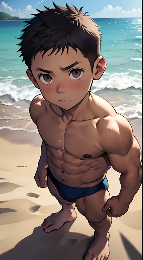 (masutepiece, Best Quality),1boy,(younge boy,child-faced,Boys face),a baby face,infancy,sideface,Boy standing in swimsuit on the beach,infancy,young age,short round face,Flat chin,finely detaild face,well-muscled，short-hair,radiant eyes,opens his eyes wide...