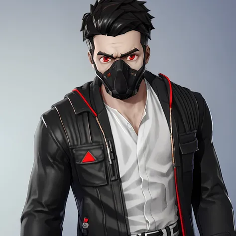 teenager boy , have a black mask in his mouth ( black clothmask ) , black jacket and white shirt, black pushed back hair , red e...