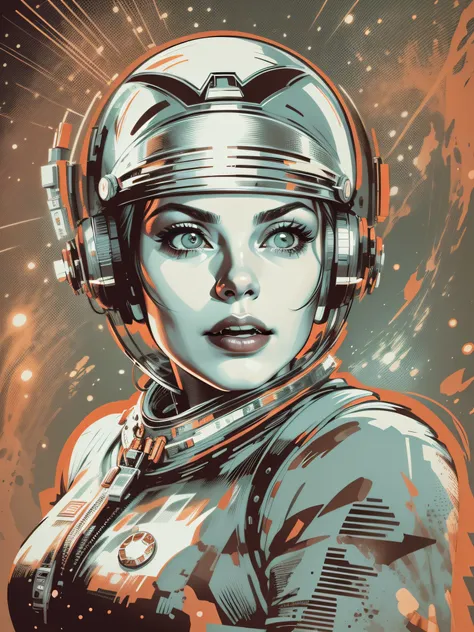 vector for t-shirt print of a female face style sci-fi movies from the 50s, style image from old movies from the 60s, image with white background, highlight for styled image of space movies from the 50s and their look