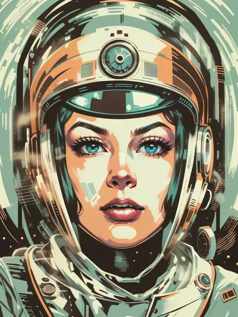 vector for t-shirt print of a female face style sci-fi movies from the 50s, style image from old movies from the 60s, image with white background, highlight for styled image of space movies from the 50s and their look