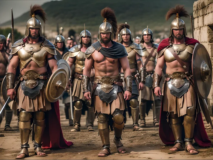 raw photo, ((mighty)), ((fierce)), ((uncompromising)), a group of spartan warriors , their presence inspires respect and evokes ...