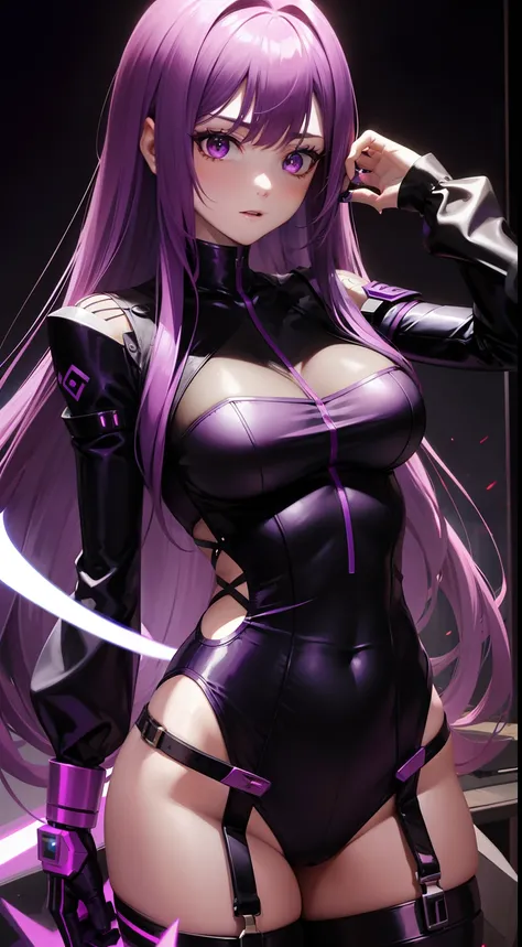 cyperpunk woman, long purple hair, revealing clothes, mechnical arm, demon, long sleeves,