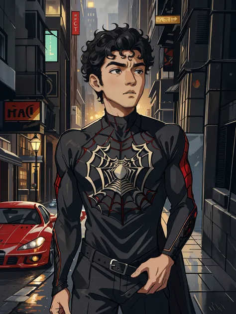 (masterpiece, best quality), intricate details, 8k, artstation, wallpaper, official art, splash art, sharp focus,
1boy, curly hair, black, black hair,
 spider suit, spider web printing, spider web,  
skyscrapers, city, buildings, cars, street,