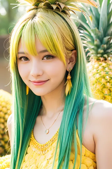 (extra detailed body、extra detailed face、best qualtiy:1.2)、femele、looking at the viewers、(Yellow and yellow-green gradient hair color、a smile、14years、Piercing of bird feathers up to the shoulder、a necklace、colourfull)、(Lots of pineapples in the background)