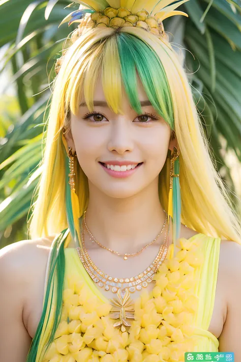 (extra detailed body、extra detailed face、best qualtiy:1.2)、femele、looking at the viewers、(Yellow and yellow-green gradient hair color、a smile、14years、Piercing of bird feathers up to the shoulder、a necklace、colourfull)、(Lots of pineapples in the background)