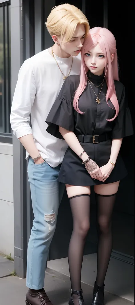 ​masterpiece, top-quality, 2Others, Male and female couples, 1 man and 1,, Adults, Height difference, different fashion, different color, finely eye and detailed face, intricate detailes, Casual clothing, Oversized shirt, Modern urban streets, Hands on bac...