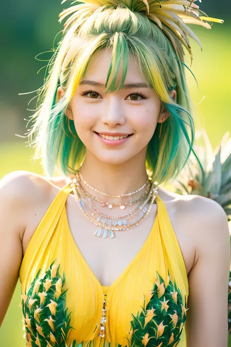 (extra detailed body、extra detailed face、best qualtiy:1.2)、femele、looking at the viewers、(Yellow and yellow-green gradient hair color、a smile、14years、Piercing of bird feathers up to the shoulder、a necklace、colourfull)、(Lots of pineapples in the background)