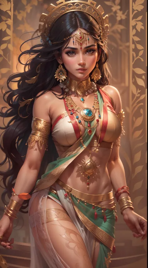 (highly detailed), (illustration), (intricate), (beautiful face), (attractive body), (complete body picture), morden indian goddess, captivating pose.