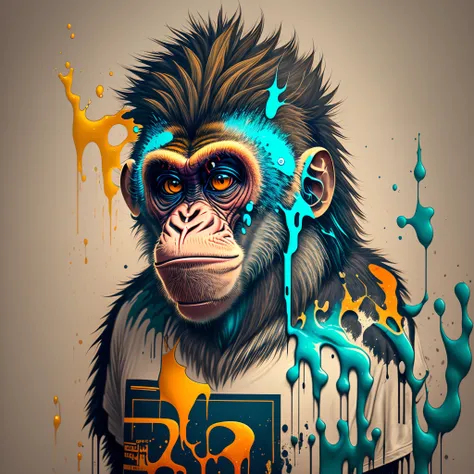 (a portrait of Cyberpunk Monkey with colored fluid), T-shirt logo in tapered thin outline style, spell view, artwork in (empty background:1.4)