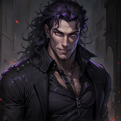 Handsome male. Dark silky purple hair, amber eyes, lean and muscular build, with a sharp jawline and a devilish smile. Im dressed in fine black clothes and have a silver stake tucked in my sleeve. Vampire. Bara. Bulge in pants. Black boots. Piercings. Wavy...