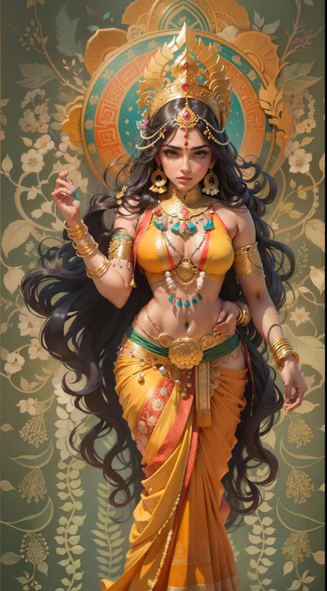 (highly detailed), (illustration), (intricate), (beautiful face), (attractive body), (complete body picture), modern indian goddess, dynamic pose.