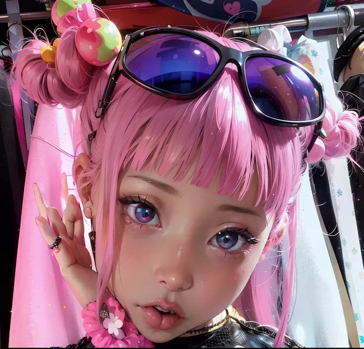 On the rack is a doll with pink hair and sunglasses, pink twintail hair and cyan eyes, Belle Delphine, kawaii decora rainbowcore, decora inspired, y 2 k cutecore clowncore, beautiful pink little alien girl, harajuku hair, e - girl, e-Girl, Portrait of radi...