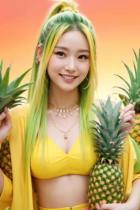 (extra detailed body、extra detailed face、best qualtiy:1.2)、femele、looking at the viewers、(Yellow and yellow-green gradient hair color、a smile、14years、Piercing of bird feathers up to the shoulder、a necklace、colourfull)、(Lots of pineapples in the background)