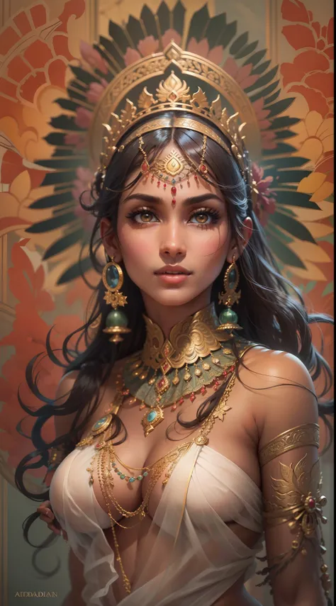 (highly detailed), (illustration), (intricate), (beautiful face), (attractive body), (complete body picture), modern indian goddess, dynamic pose.