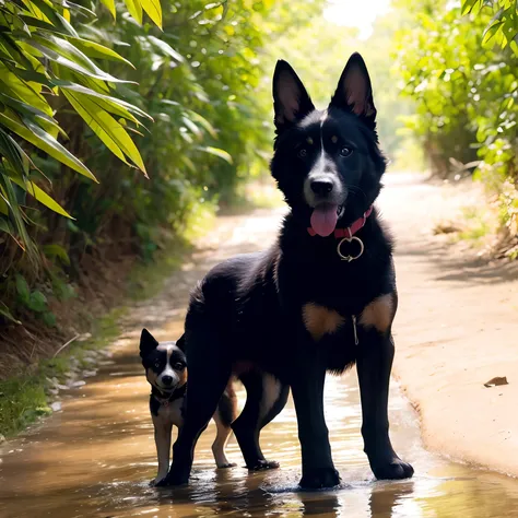 There are two dogs walking on a dirt road with a dog in the water, flaques huileuses, Se pencher, front and rear, humide et visqueux, Le, Rear shot, butt, Rear shot, intense sunlight, au soleil, Looking from behind, a little curved, bent over, Le, vaulted,...