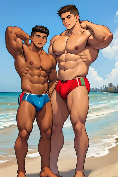 A two (2boys) teens in the beach of 15 years old (Mexican ethnicity) tan skin massive muscular bodybuilder with extraordinary biceps pectorals triceps traps, plump, Gigachad