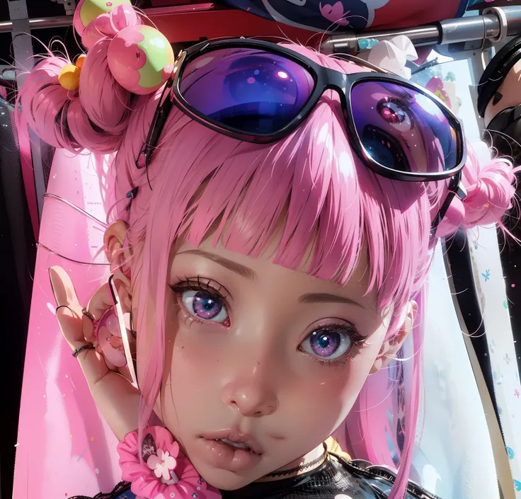 There is a doll with pink hair and sunglasses on the beach, kawaii realistic portrait, pink twintail hair and cyan eyes, artwork in the style of guweiz, render of a cute 3d anime girl, Hyper realistic anime, realistic anime 3 d style, Belle Delphine, guwei...