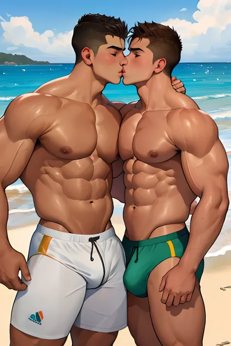 A two (2boys) teens in the beach of 15 years old (Mexican ethnicity) tan skin massive muscular bodybuilder with extraordinary biceps pectorals triceps traps, plump, Gigachad, kisses, gay kiss